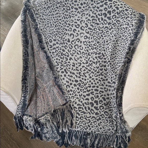 Luxury Gray Blue Cashmere Reversible Leopard Paisley Print Rabbit Fur Scarf Wrap - Picture 11 of 12